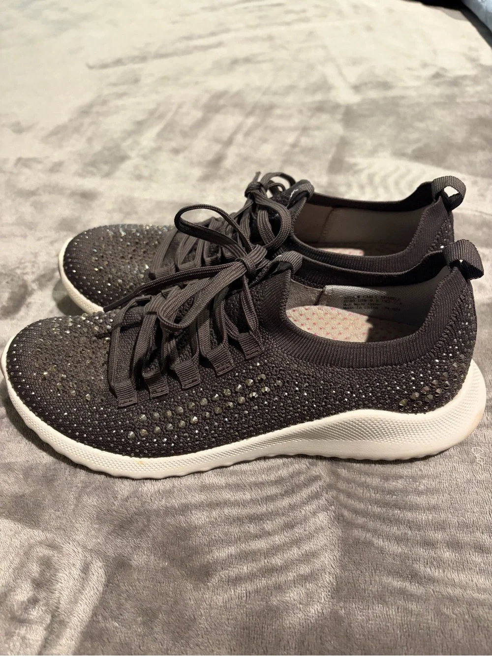 Women’s Black Knit Lace-Up Sneakers with Sparkle Accents